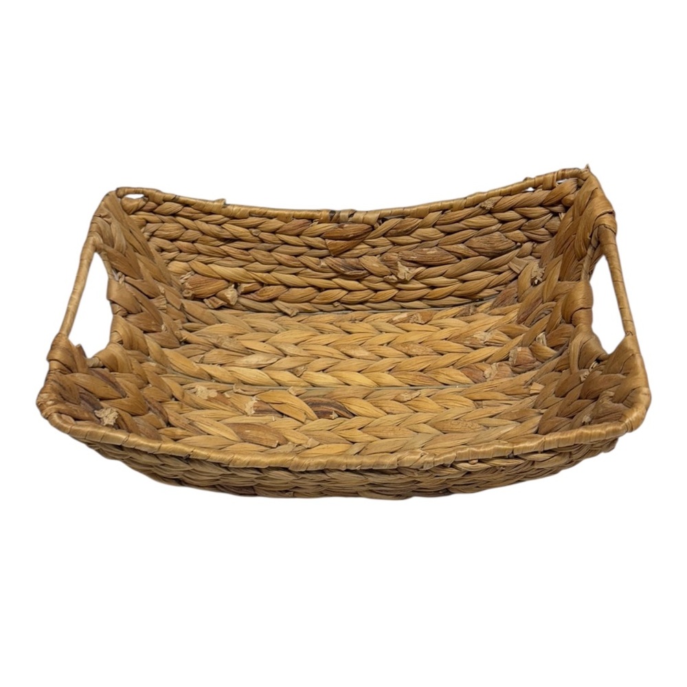 Woven Wicker Neutral Bowl Basket Storage Curved Long Rectangle w/ Handles